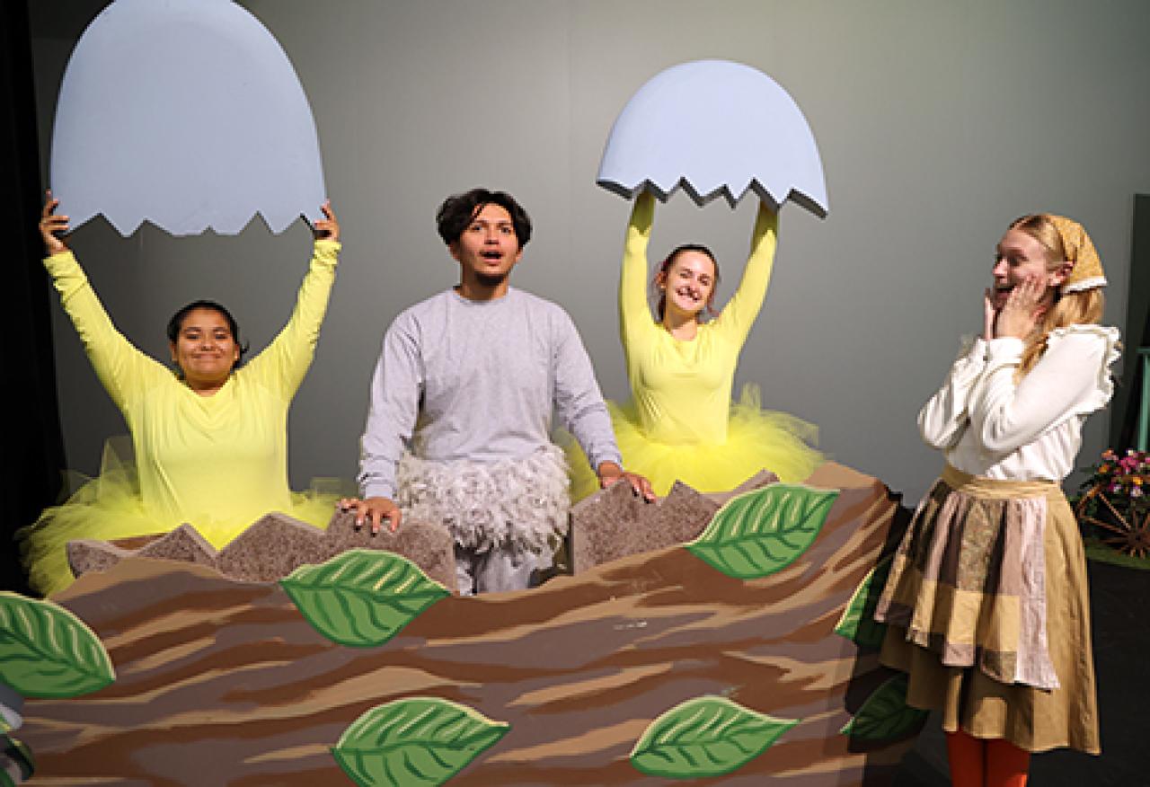 Ducklings emerge from their eggs on stage