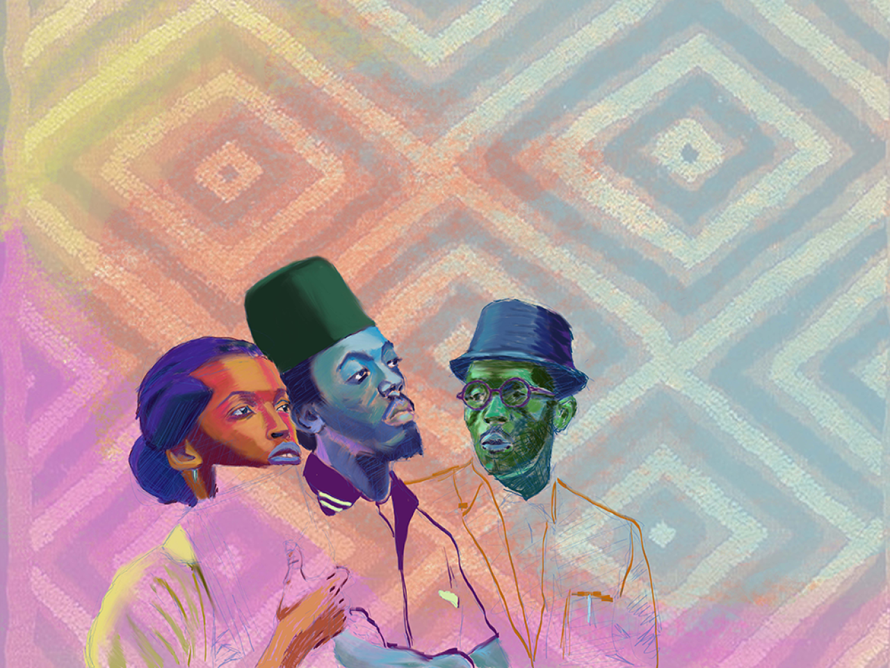 Jameel Amman painting of abstract background and three people