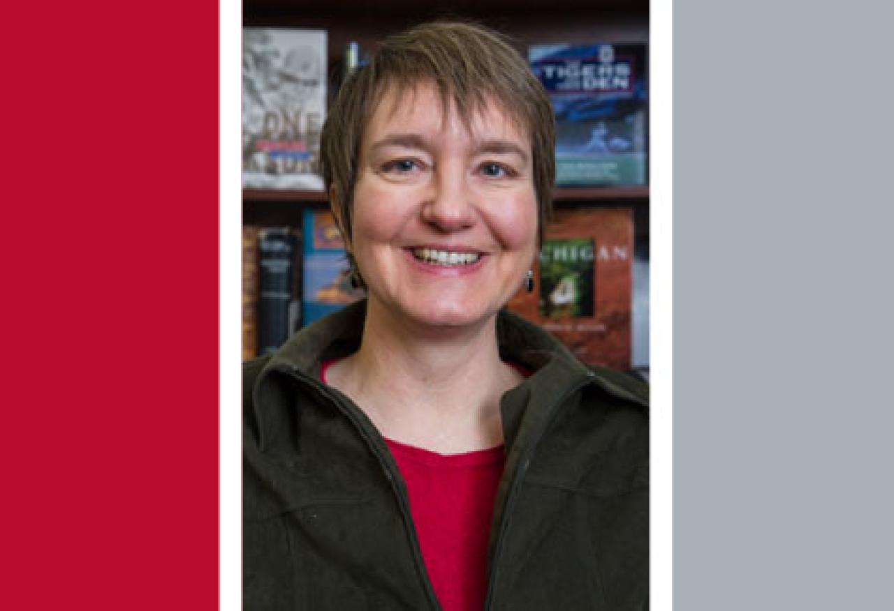 Trynytje Helfferich with a scarlet and gray background