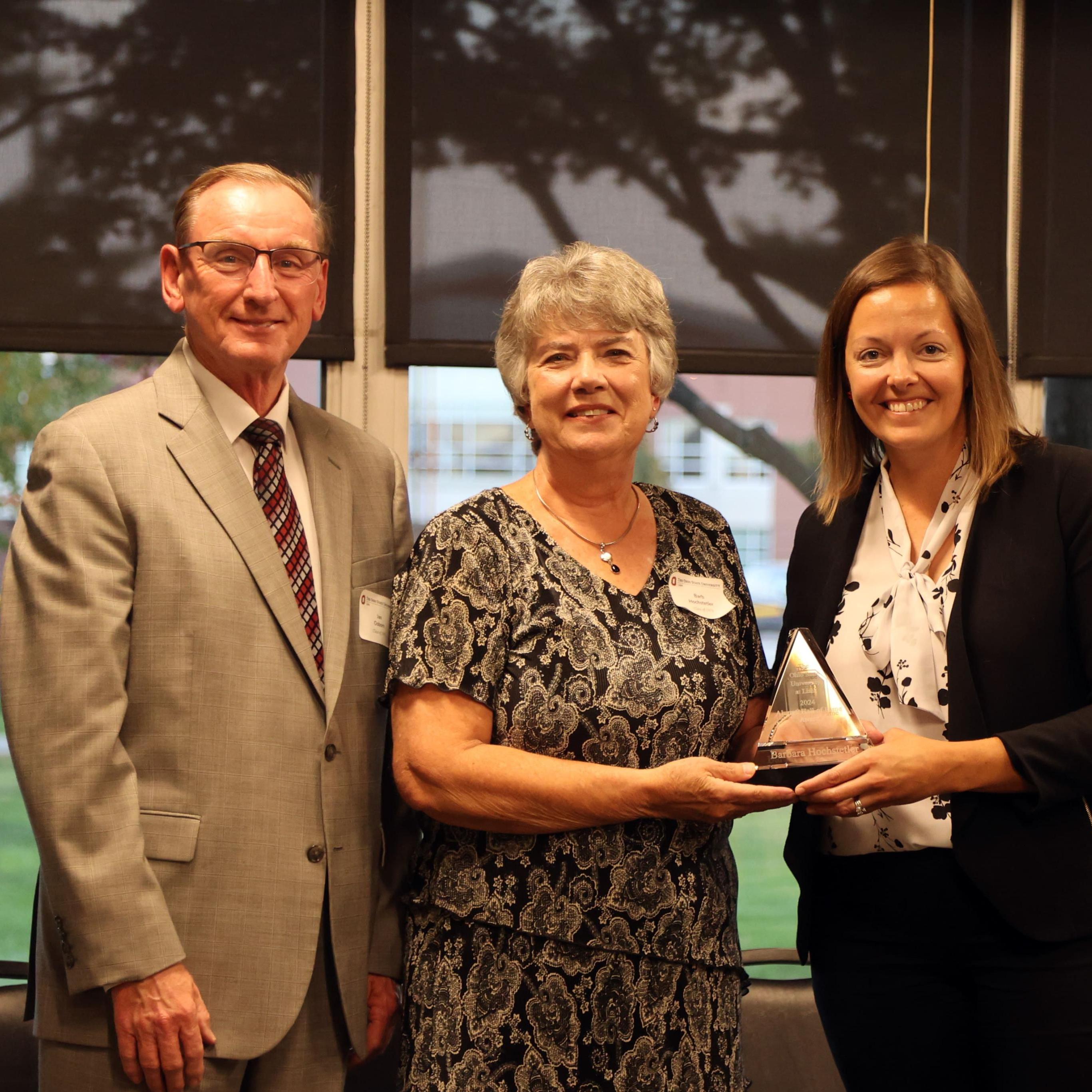 Barb Hochstetler being inducted into Ohio State Lima's Alumni Hall of Fame with nominator Dr. Jan Osborne and Dean Meggie Young