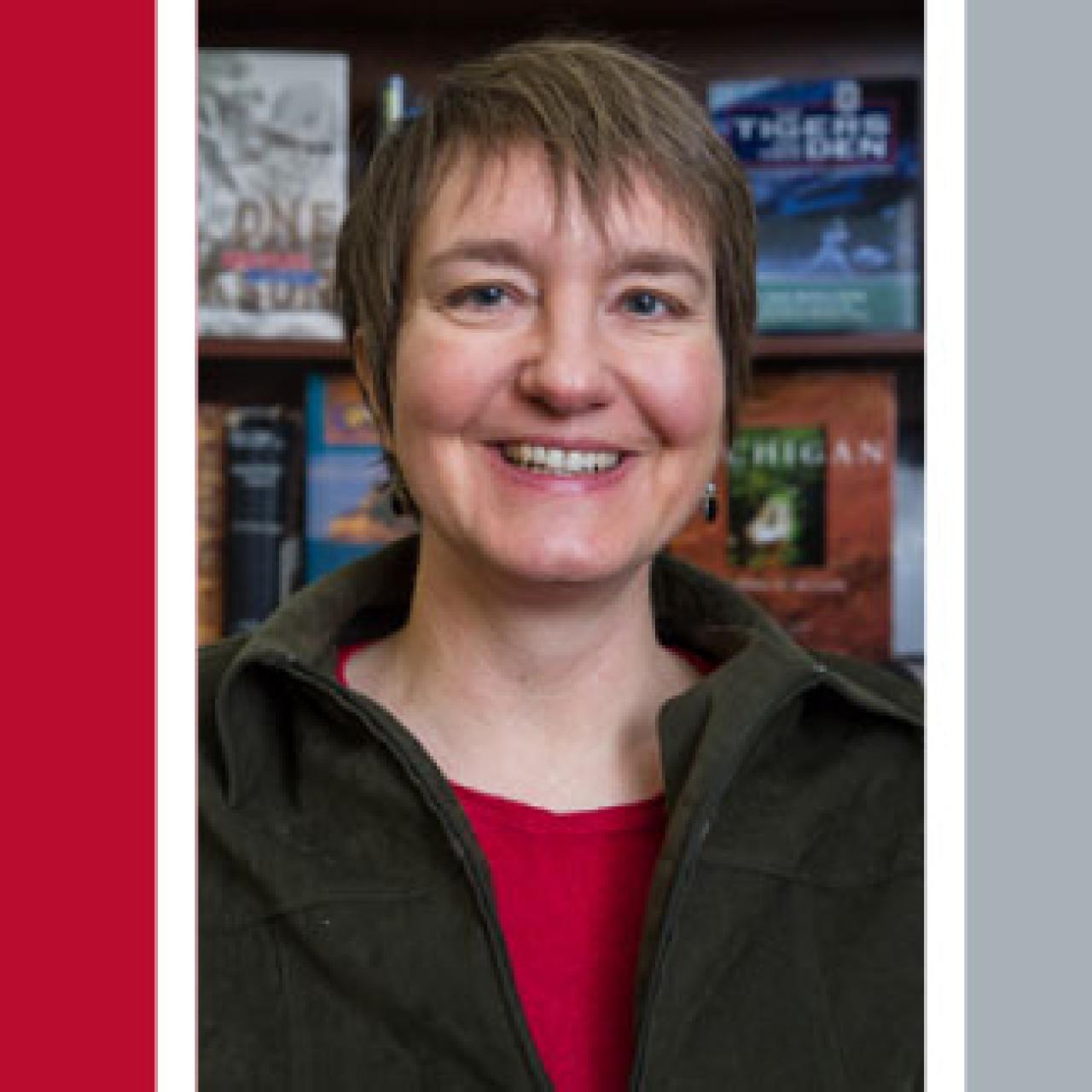 Trynytje Helfferich with a scarlet and gray background