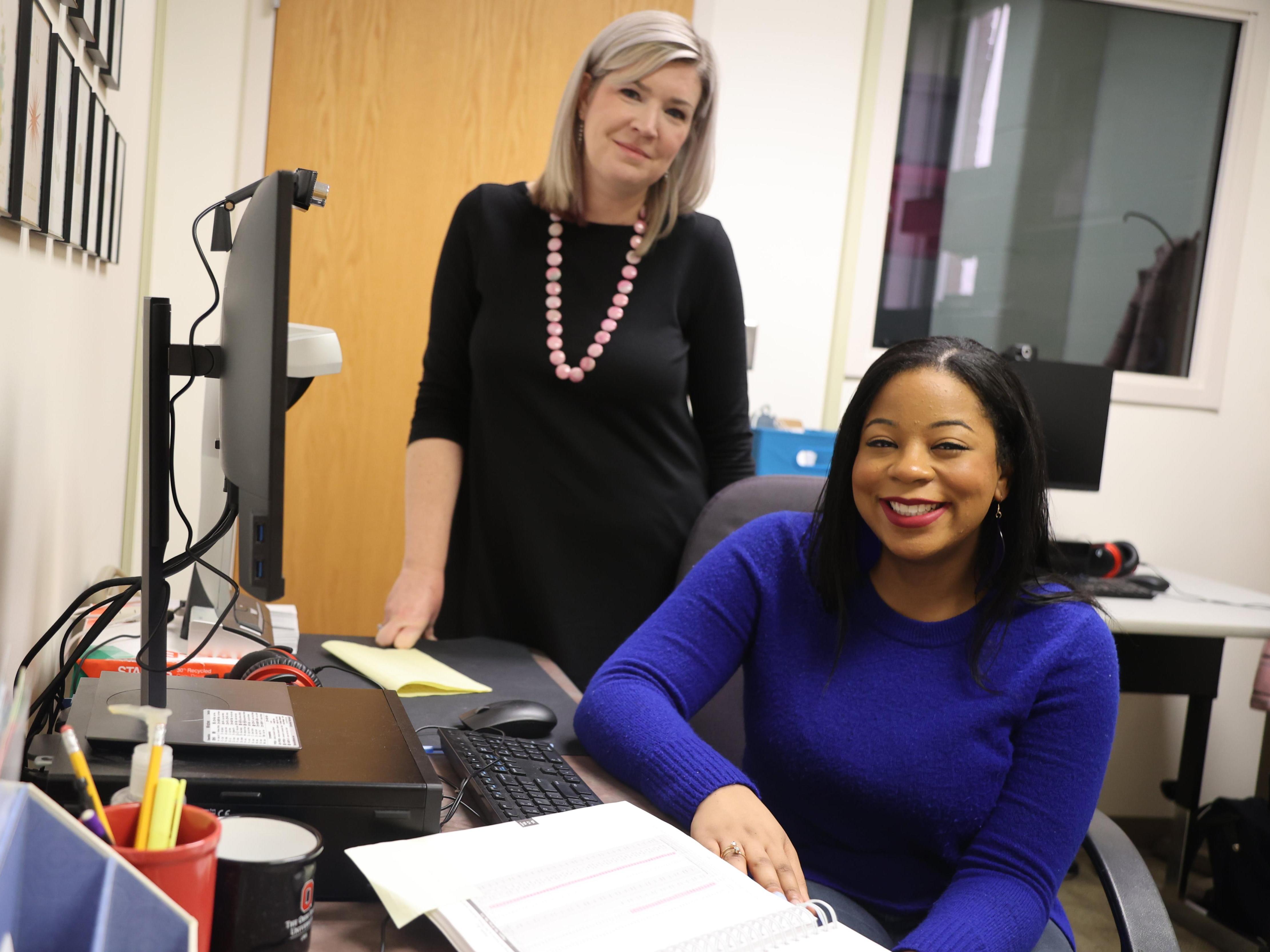 Leuviah Blakma in the lab with Dr. Virginia Tompkins