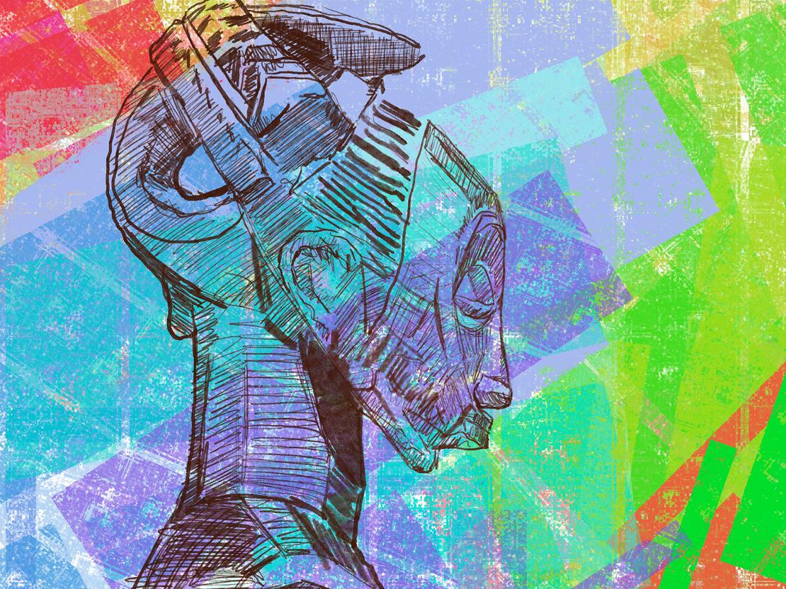Multi-colored painting of an African mask by Jameel Amman