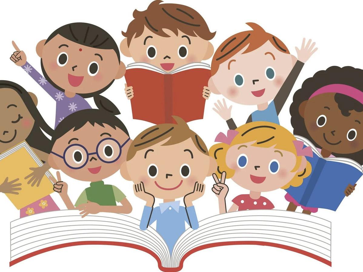 Cartoon of a variety of children popping out of a book