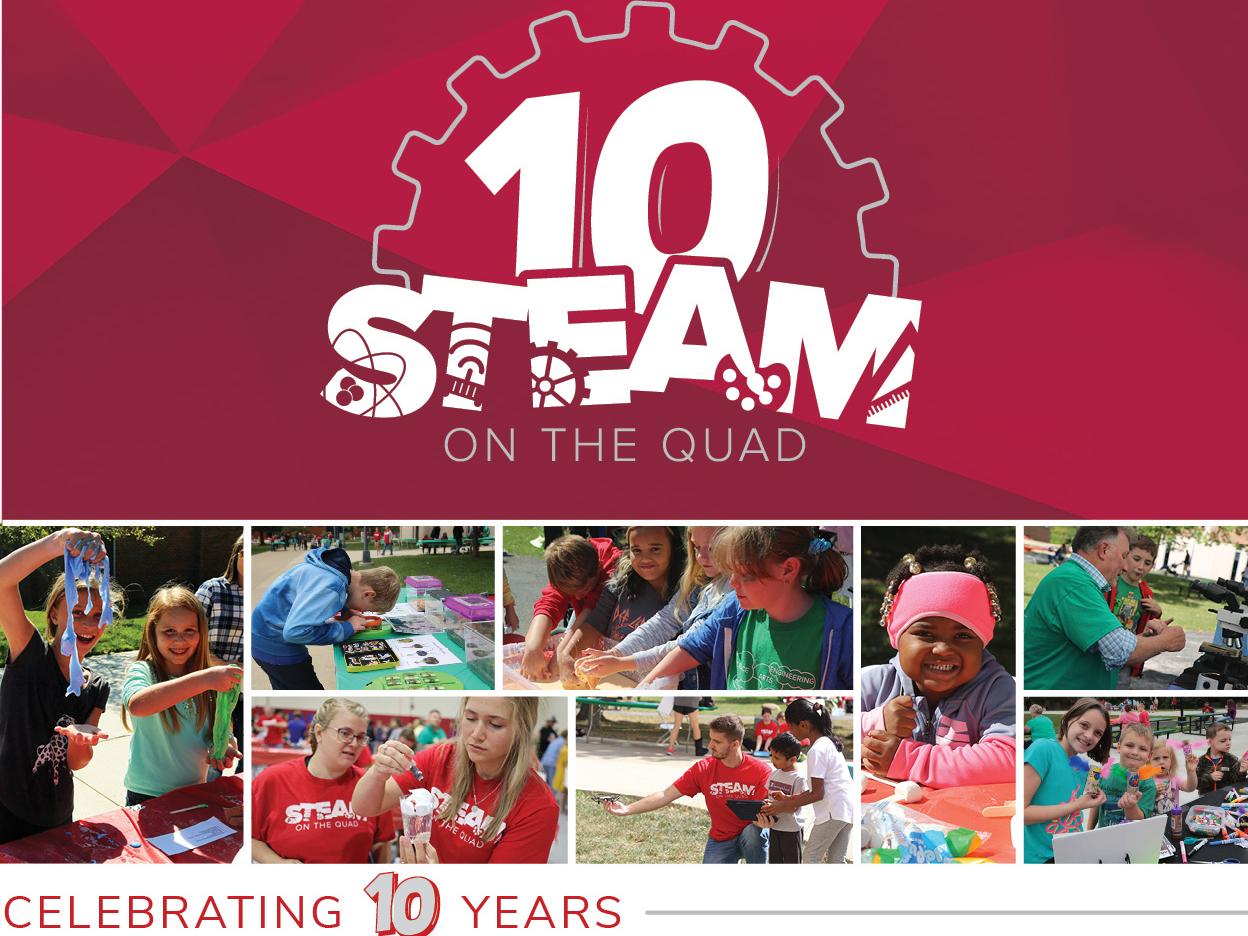 STEAM on the Quad with a 10 behind it and pictures of children doing table top activities