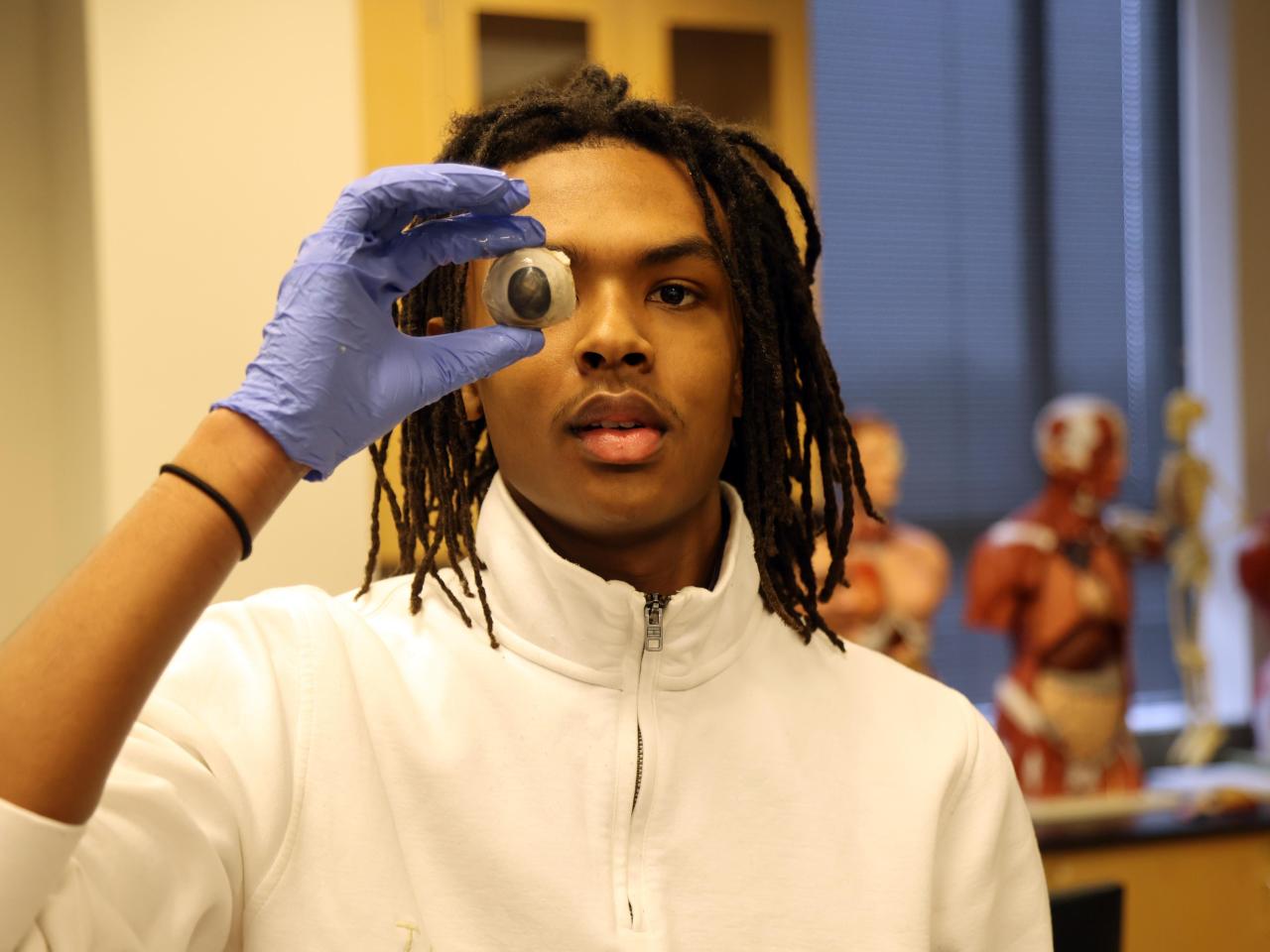 A student holds a cow eye in front of his face