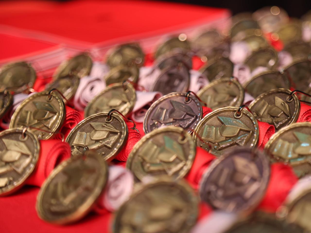 rows of medals with academic caps on them