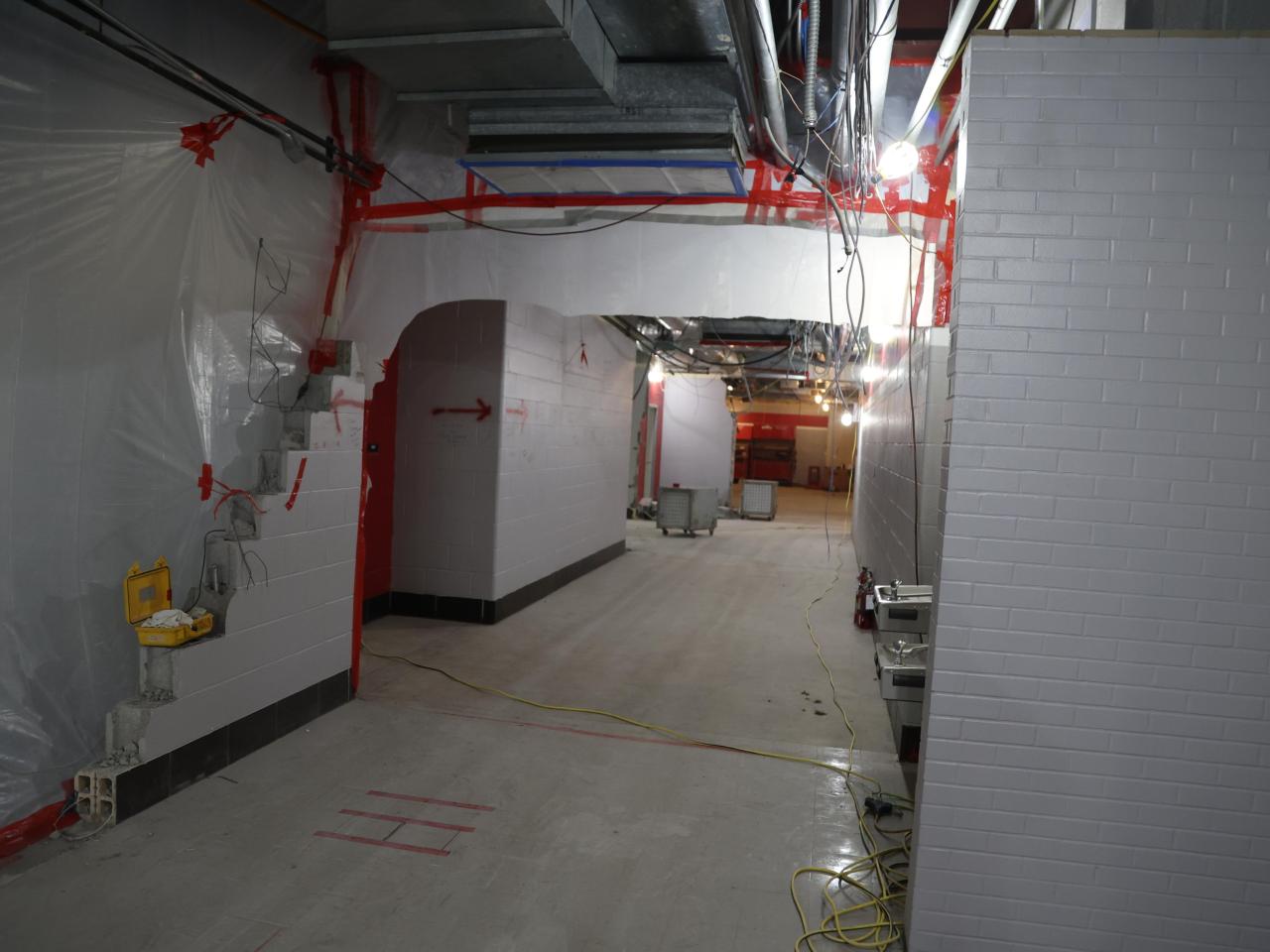 Safety barrier and cleared hallway in Galvin Basement for asbestos removal 2022-12-21-2