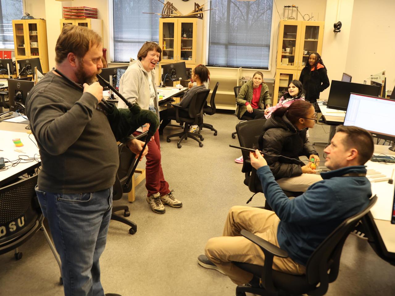 An Ohio State professor demonstrates sound waves with a bagpipe