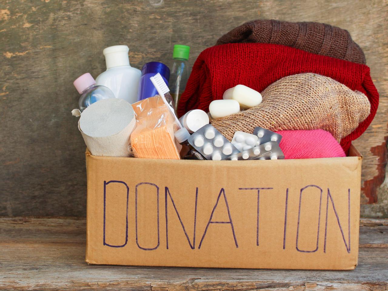 Hygiene items in a donations box
