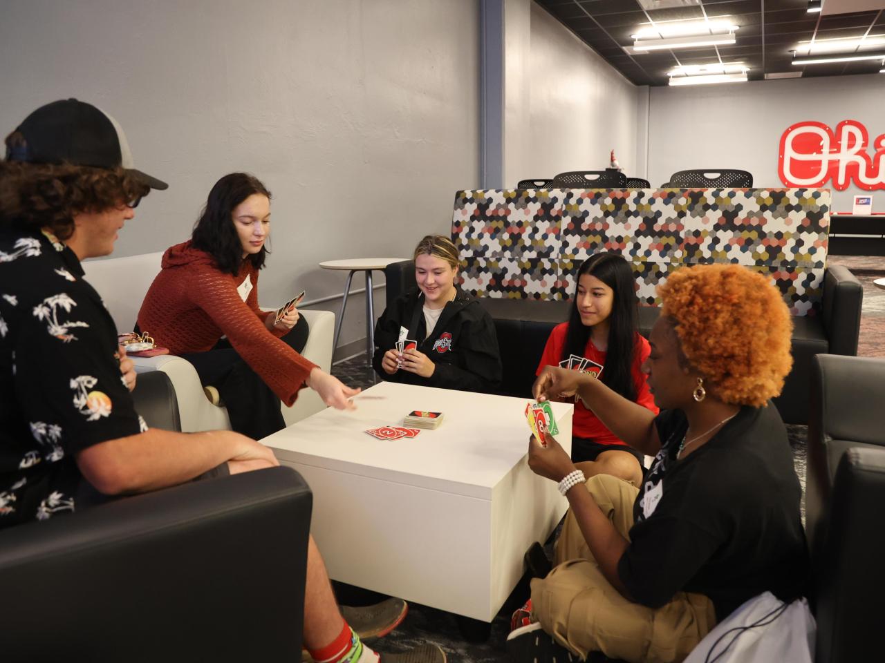New friends play cards in Galvin Hall