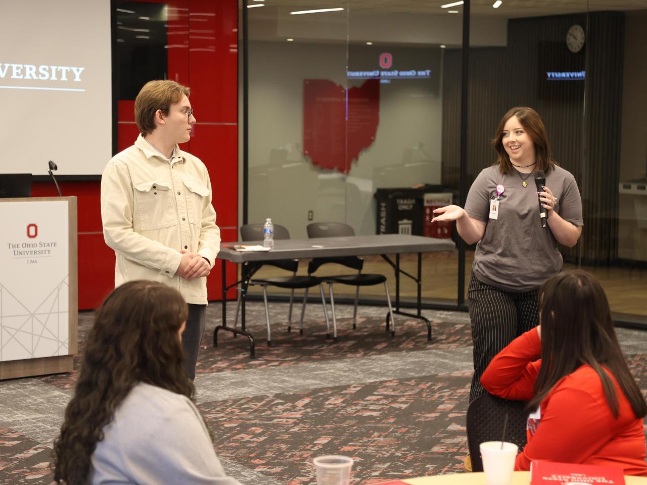 Two current social work students field questions