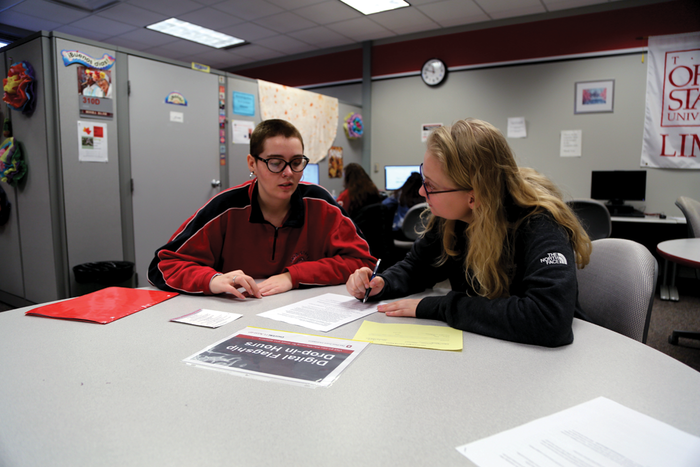 Photo of two people in conversation in the learning center