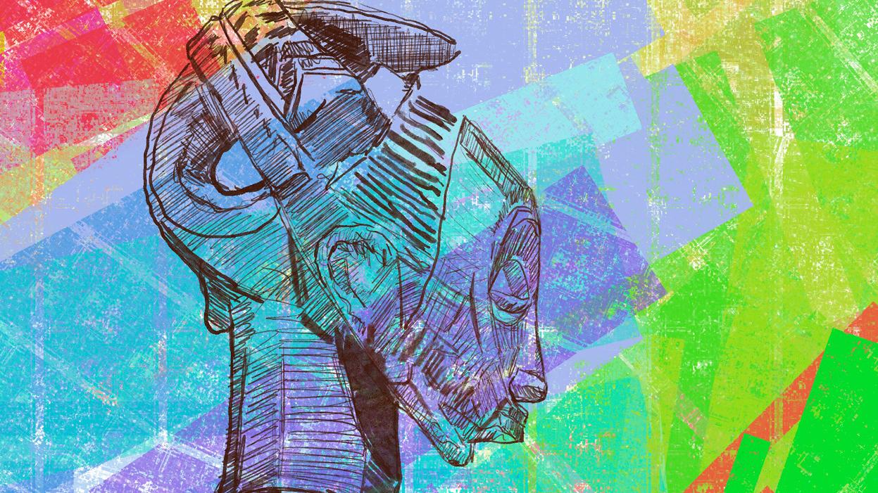 Multi-colored painting of an African mask by Jameel Amman