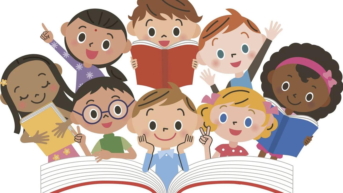 Cartoon of a variety of children popping out of a book