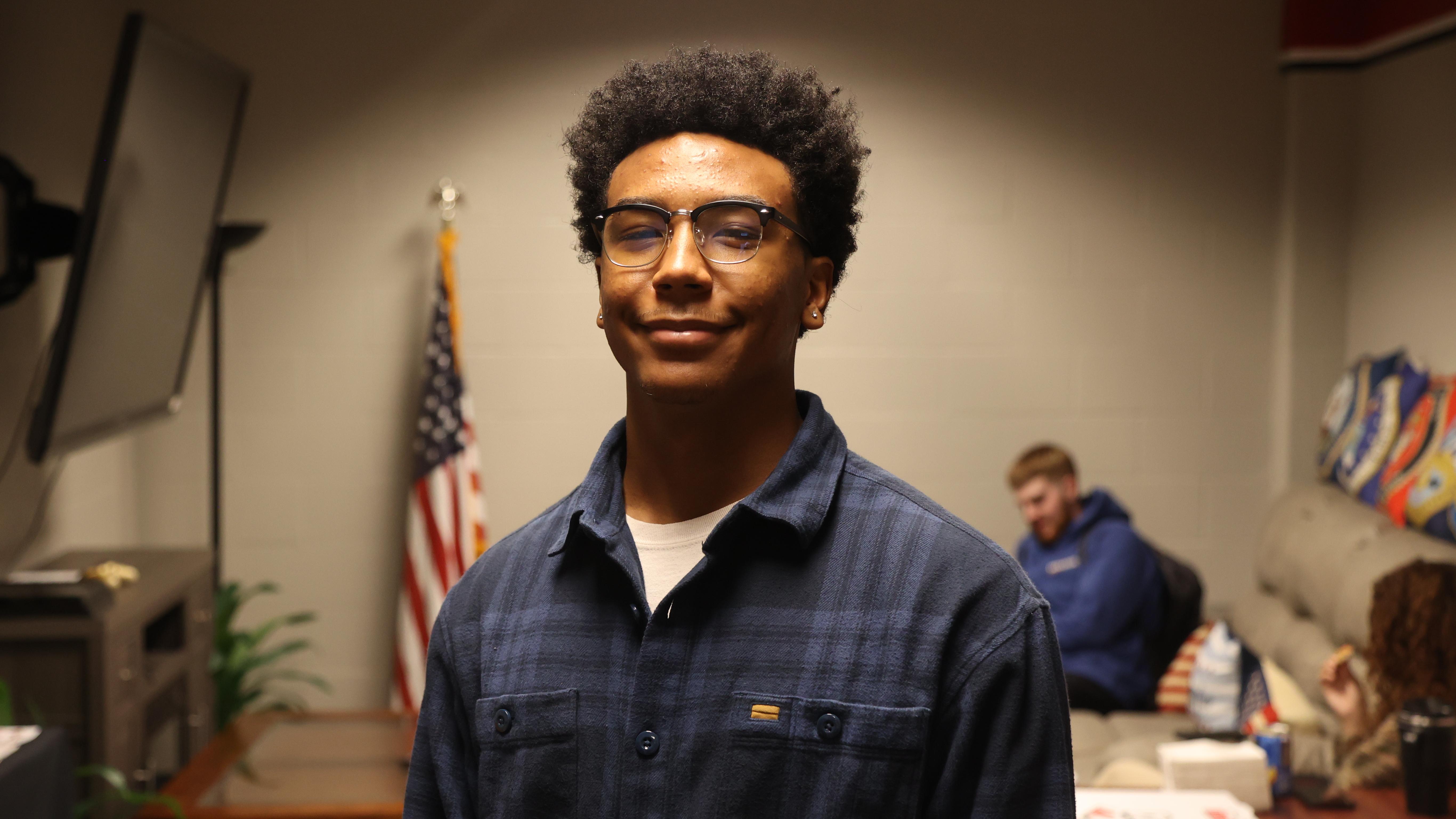 Student in the veterans lounge at Ohio State Lima