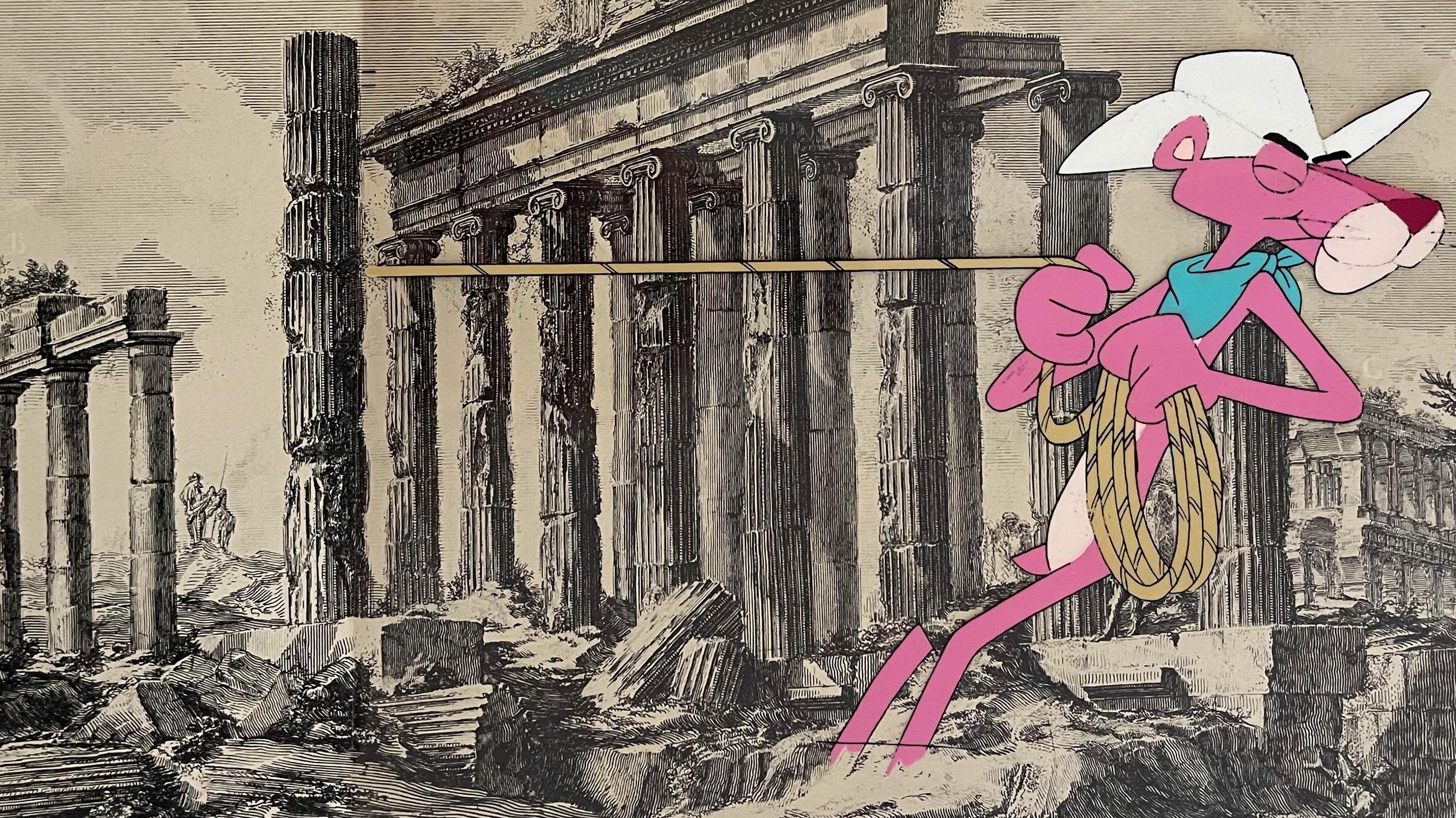 The Pink Panther character in a cowboy hat pulls on a rope in front of a print of a Roman ruin
