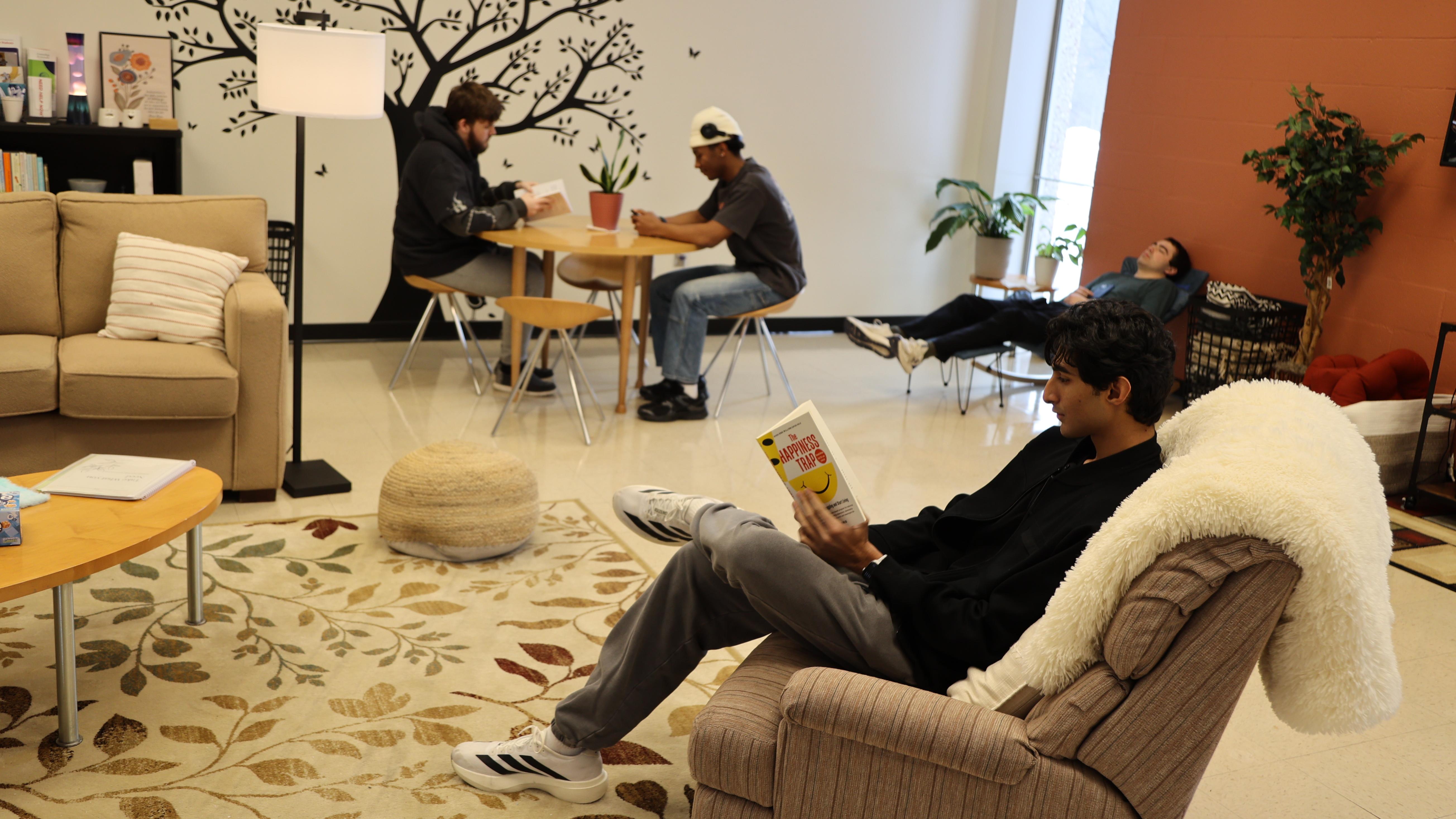Students sit in comfortable chairs in the Comfort Zone at Ohio State Lima