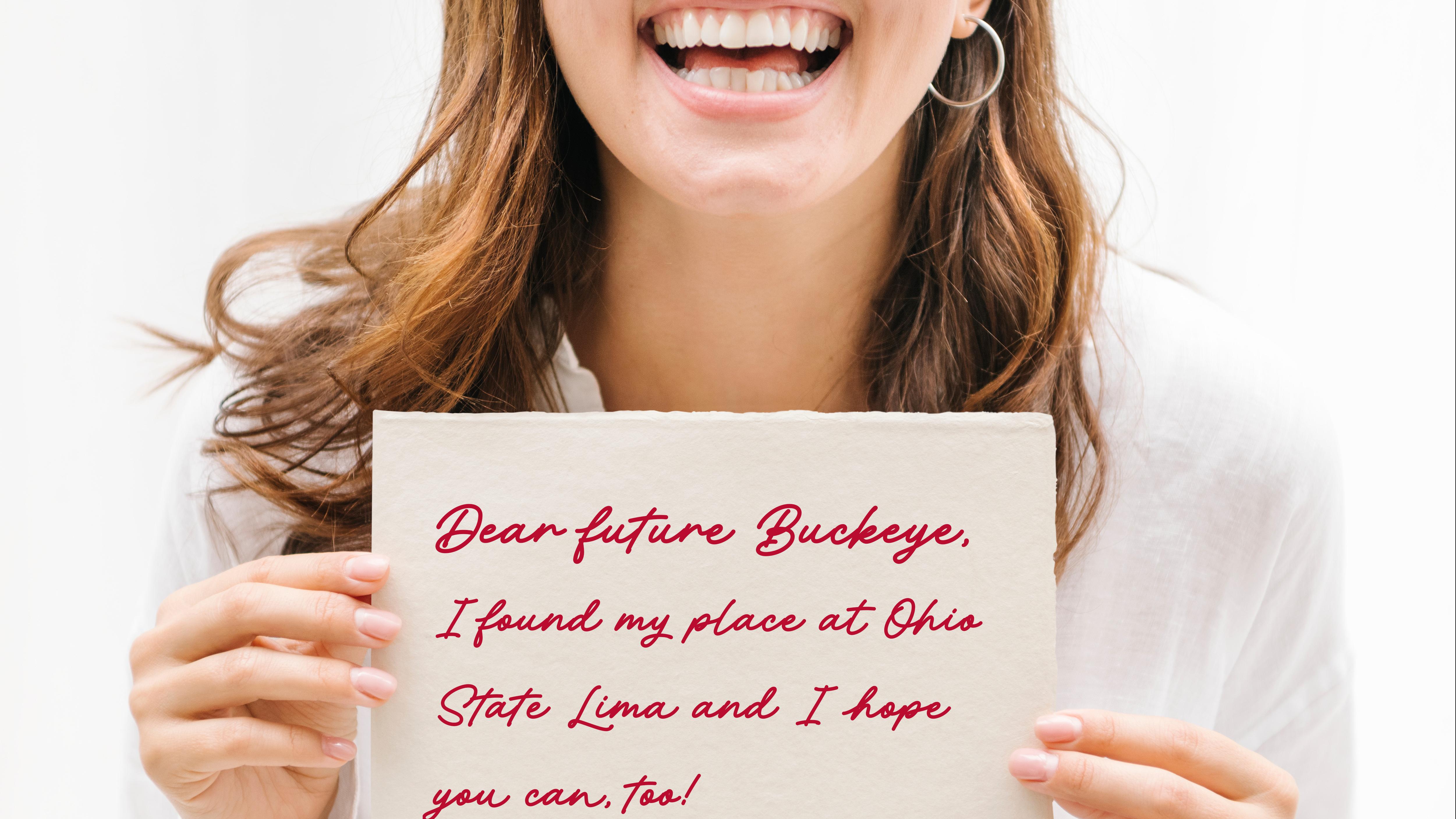 A woman holds a note that says "Dear future Buckeye..."