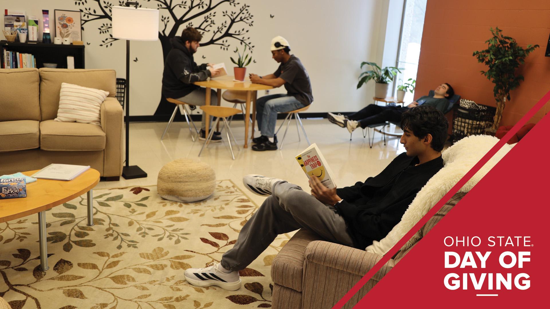 Four students relax in the Comfort Zone