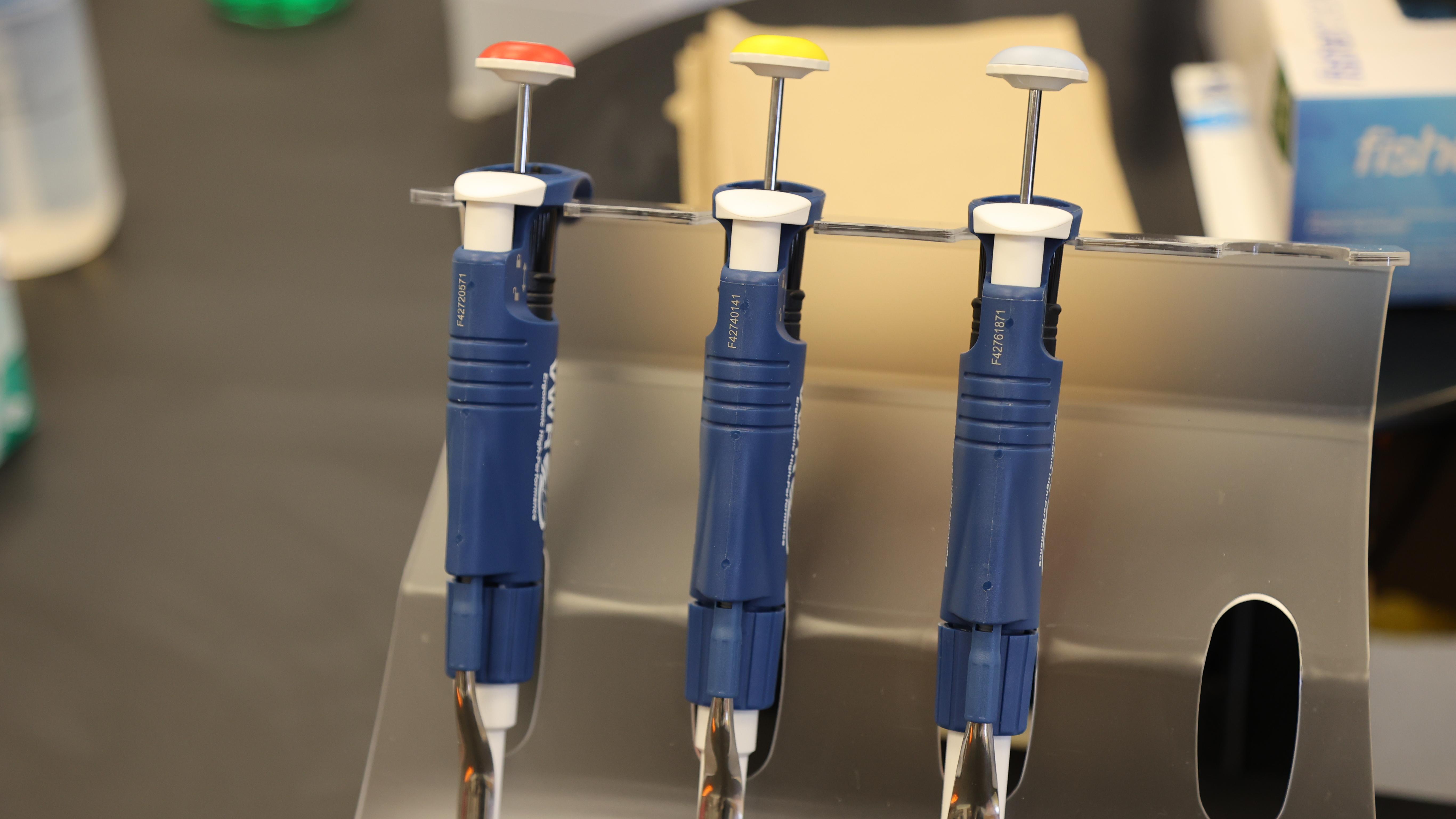 Three pipettes in a holder in a lab