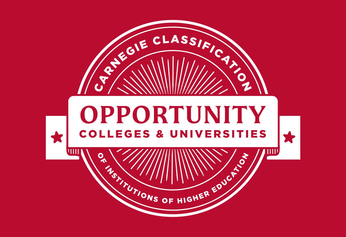 A white seal on red background that says "Opportunity Colleges and Universities."