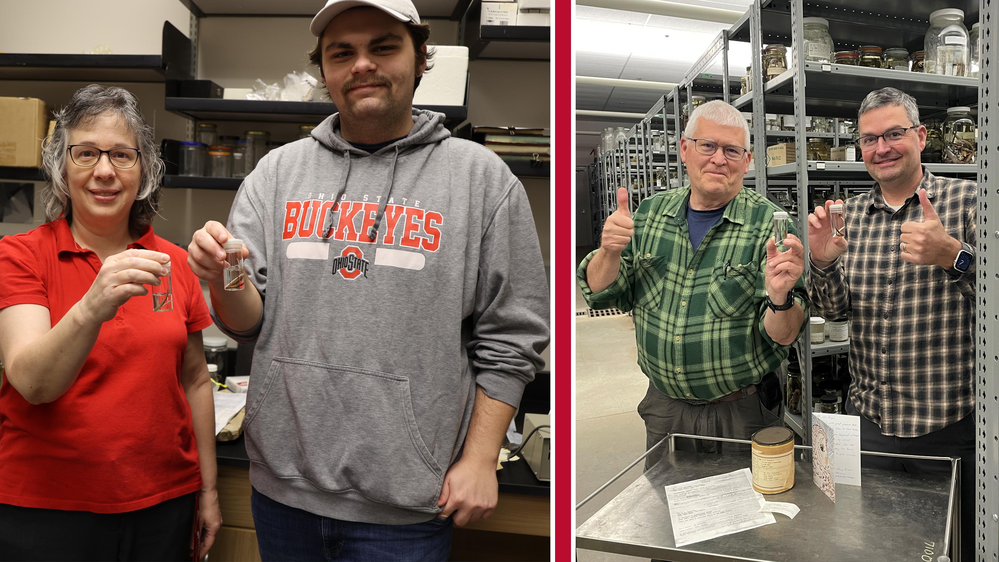 Two sets of people hold the same test tubes in different locations
