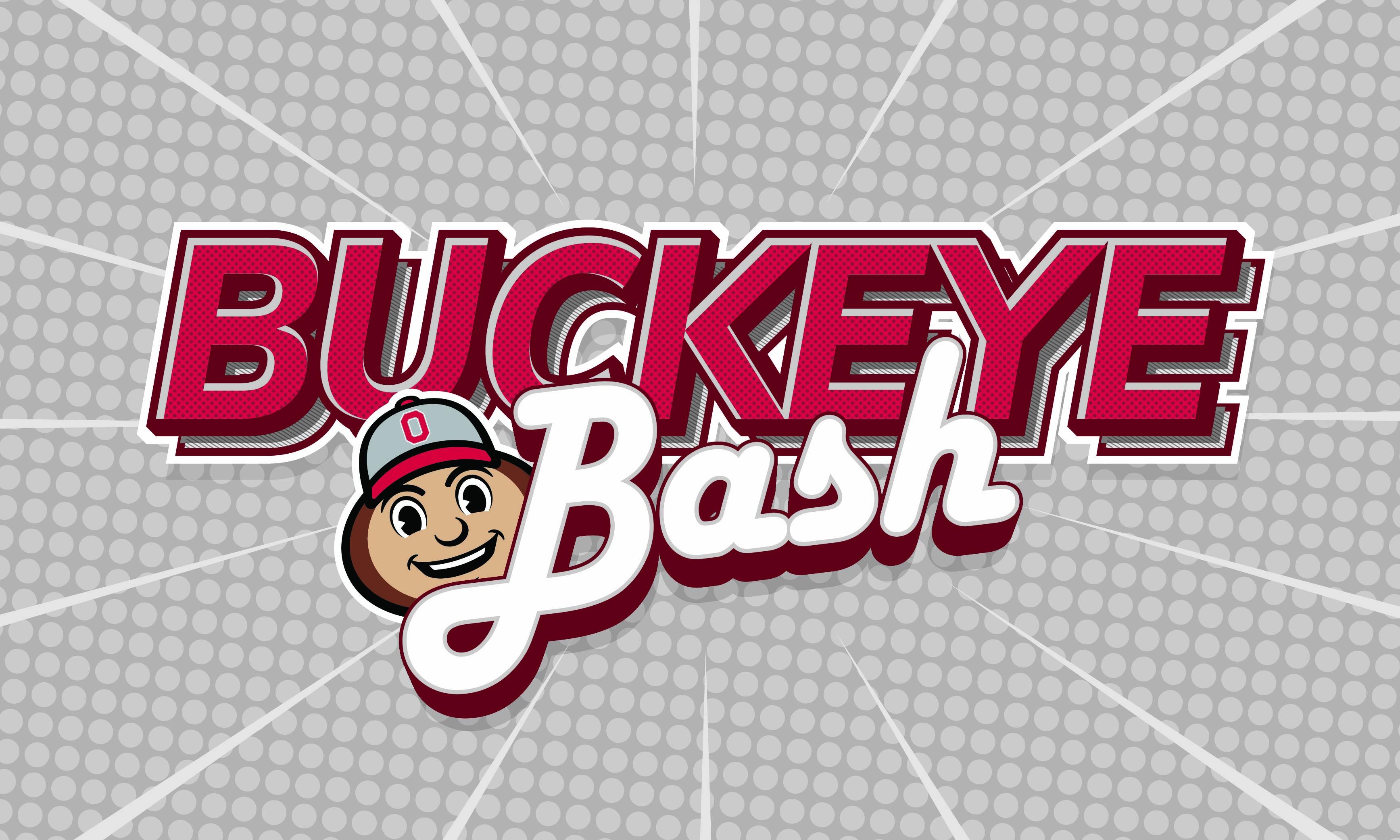 Brutus Buckeye looks out from behind the words "Buckeye Bash"