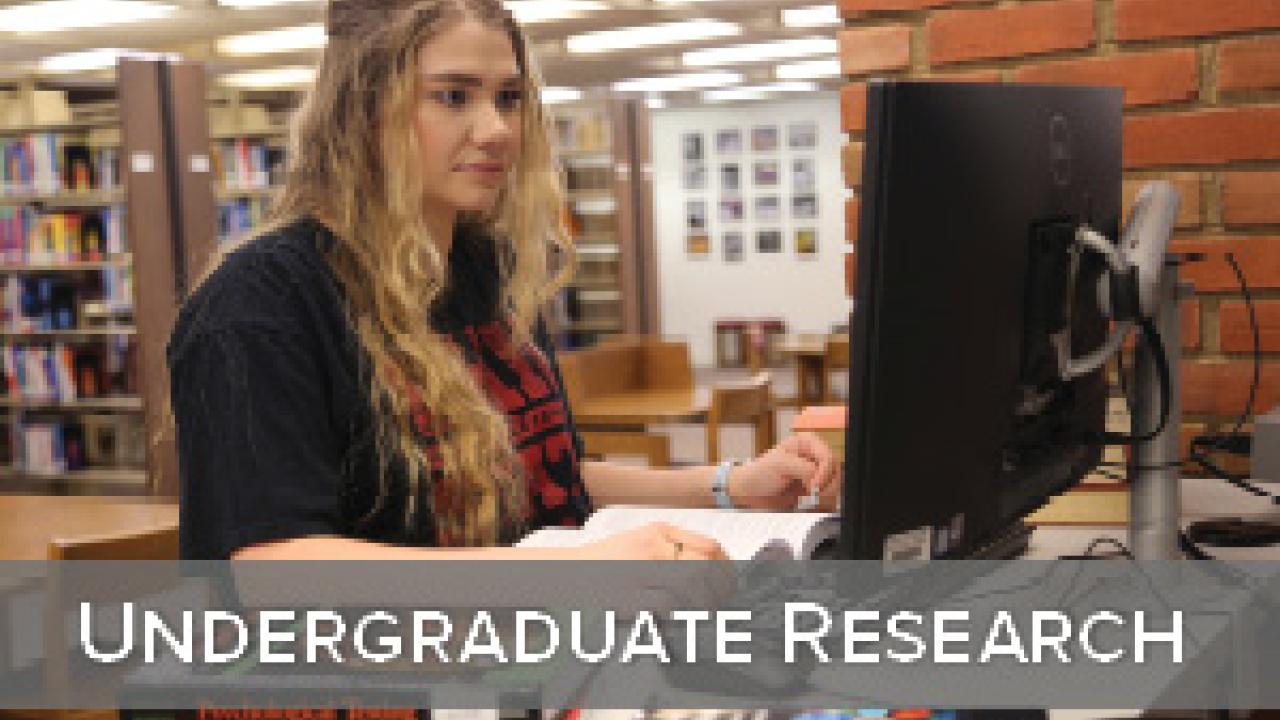 female student in a library with the words Undergraduate Research