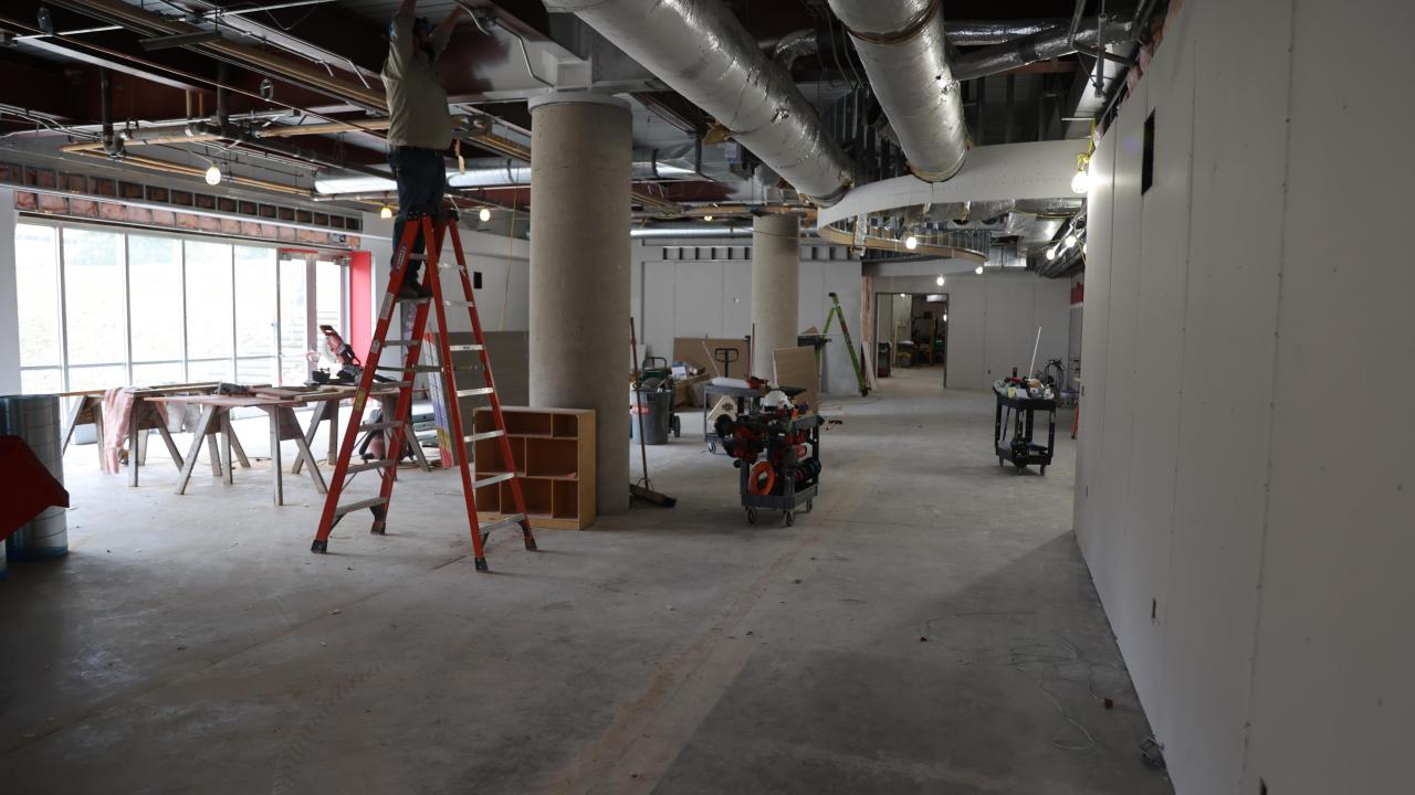 worker on ladder working on ceiling in galvin basement 2023-03-23-1