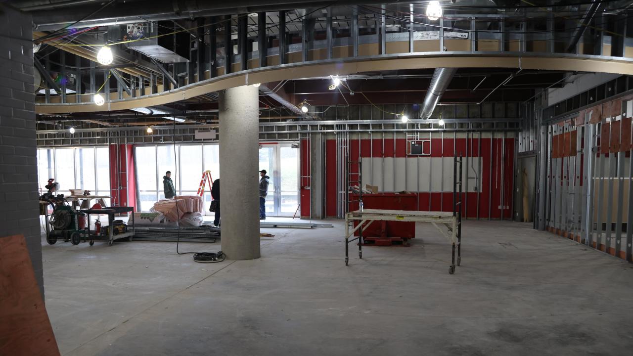 ceiling framework, wall framework and construction workers in background in galvin basement 2023-03-03-1