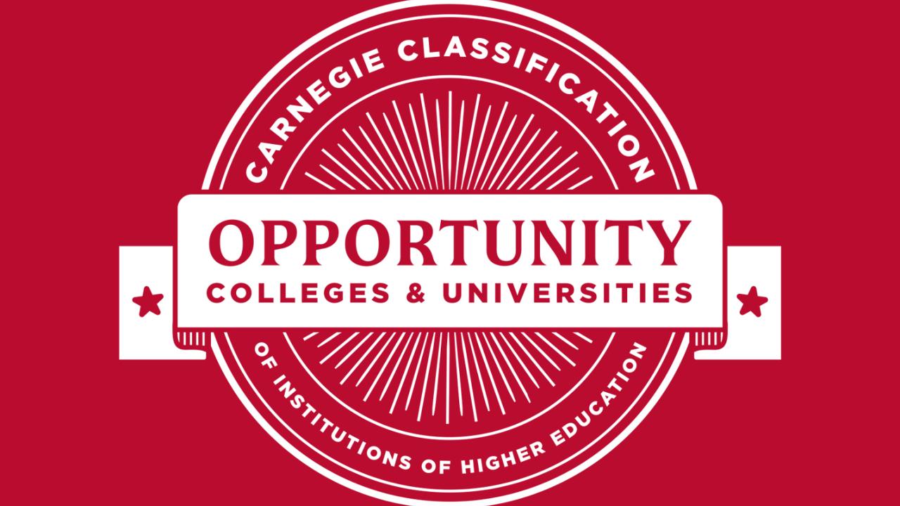 A white seal on red background that says "Opportunity Colleges and Universities."
